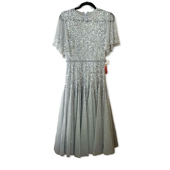 Mac Duggal #93655 Cape Sleeve Beaded Tea Length Dress blue Sz 4 NWT $598 - Picture 7 of 16